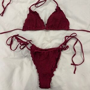 Frankie's Bikinis Smocked Triangle Bikini Set - Burgundy Wine